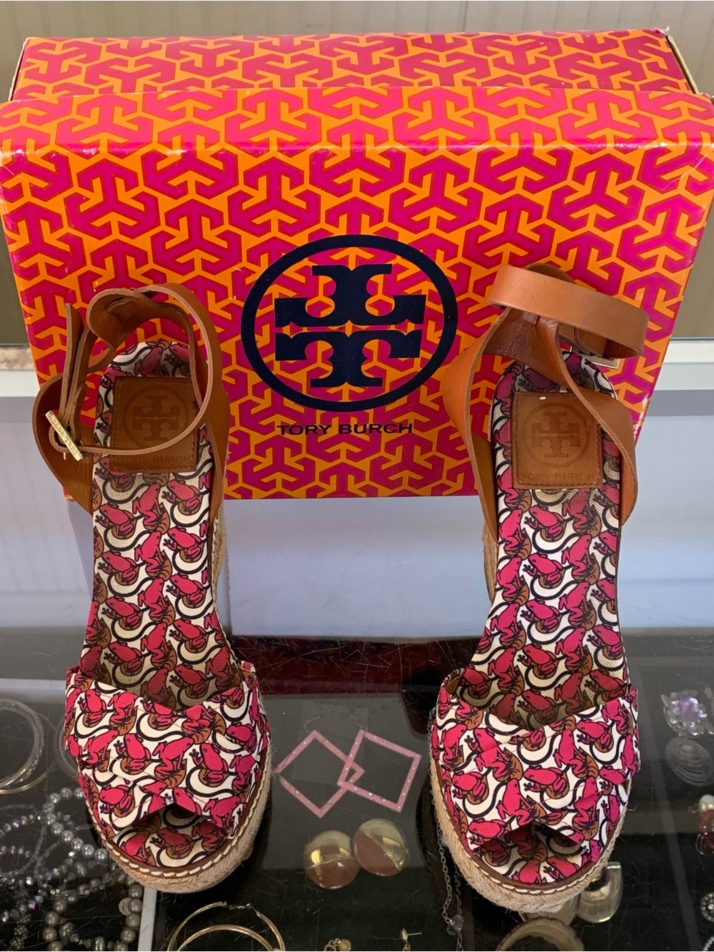 Tory Burch Pink & Cream Patterned Espadrille Wedge Sandals with Tan Ankle Strap